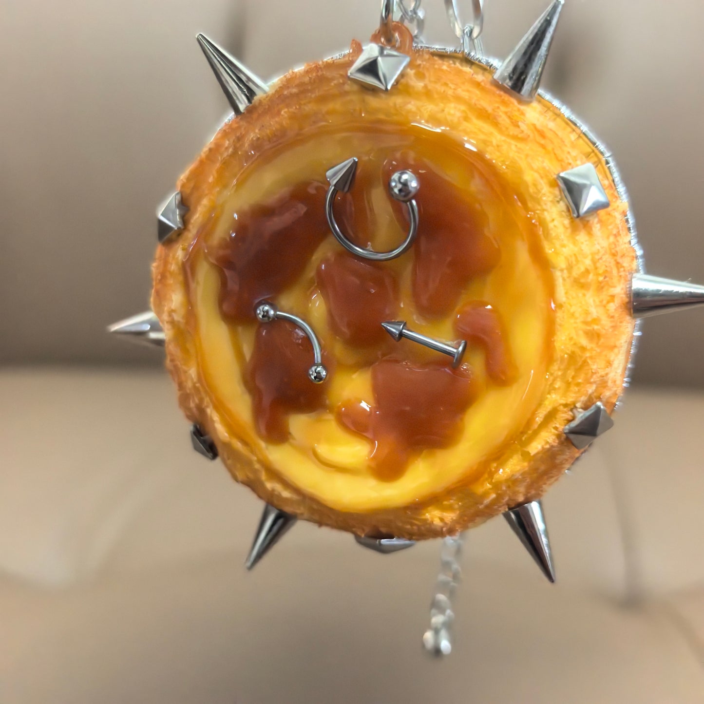 DiyRiot Spiked Egg Tart Keychain - Heavy Metal Surrealist Fake Food