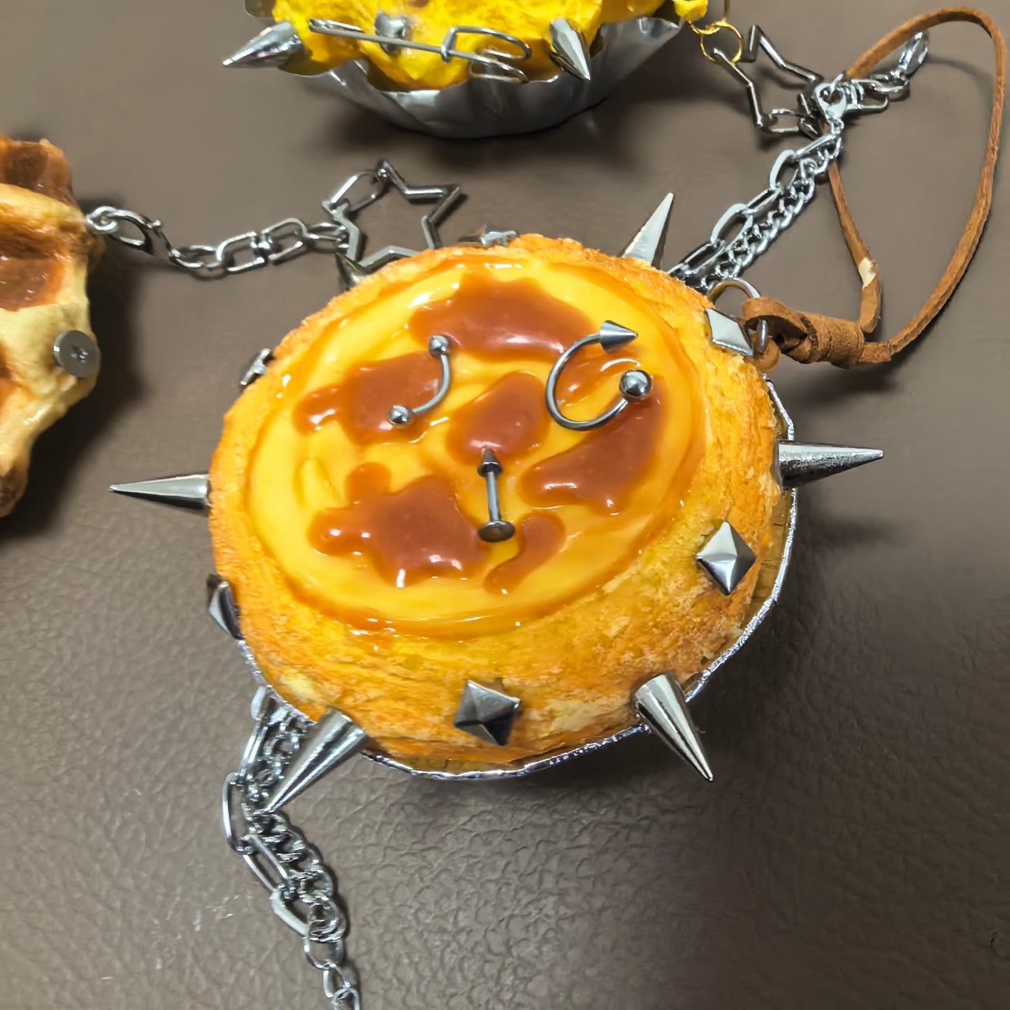 DiyRiot Spiked Egg Tart Keychain - Heavy Metal Surrealist Fake Food