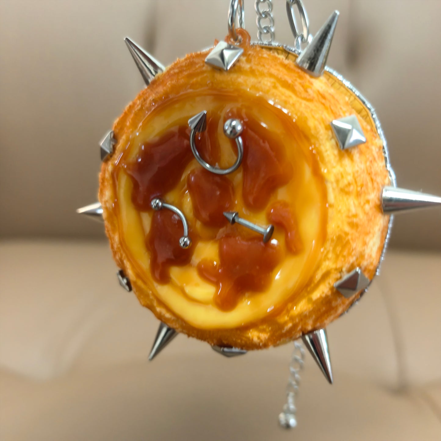 DiyRiot Spiked Egg Tart Keychain - Heavy Metal Surrealist Fake Food